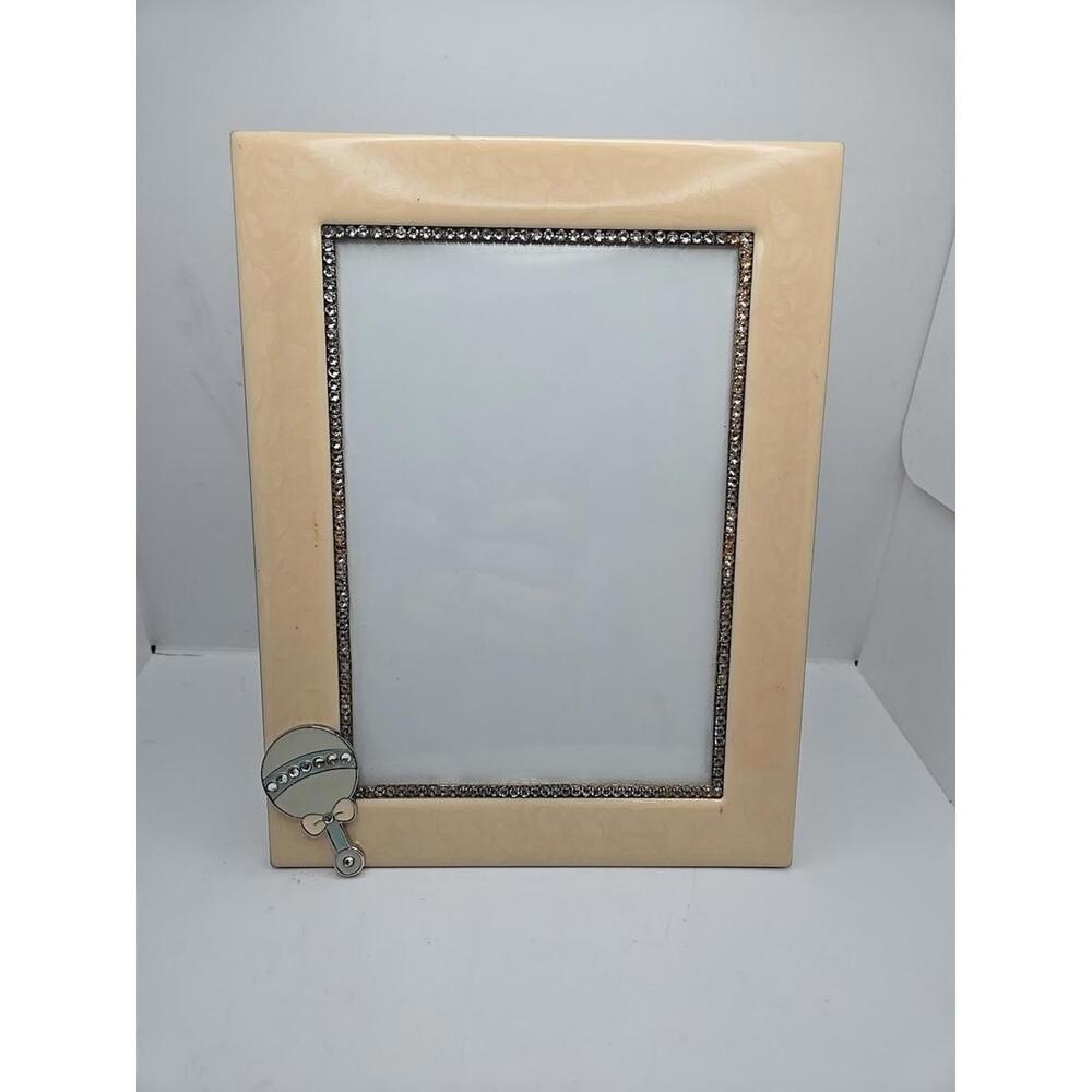 Russ Berrie 5x7 Picture Photo Frame Baby Rattle Rhinestones Cream Enamel